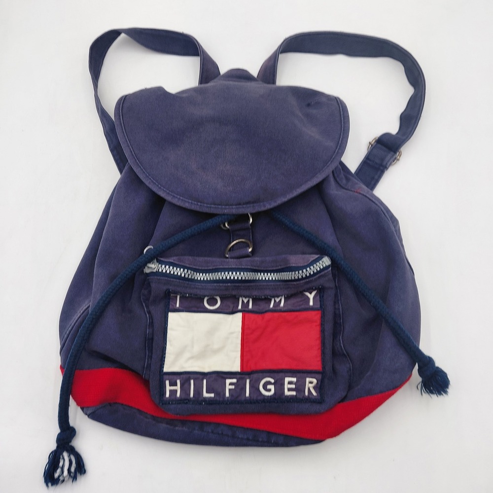 Vtg Tommy Hilfiger Canvas Backpack Navy Blue Red Flag Logo 90s Rucksack Y2K